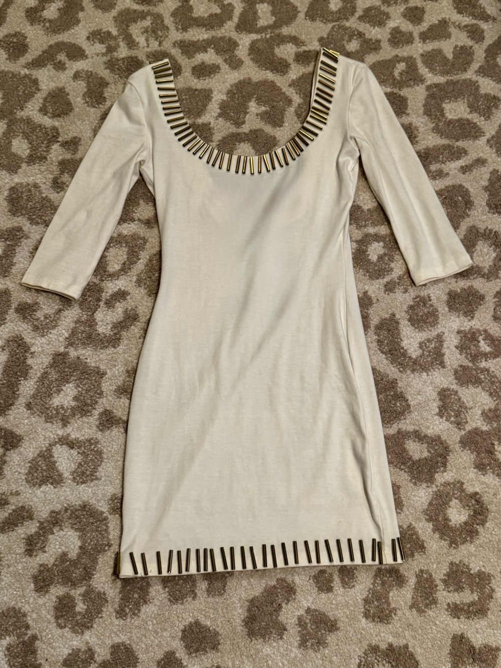 Fitted Cream Bodycon Dress with Gold Accent Beaded Trim